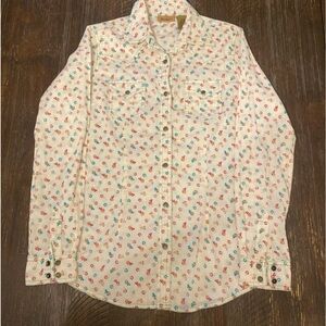 Wrangler Floral Western Snap Shirt Womens S White Pink Blue Flowers Long Sleeve